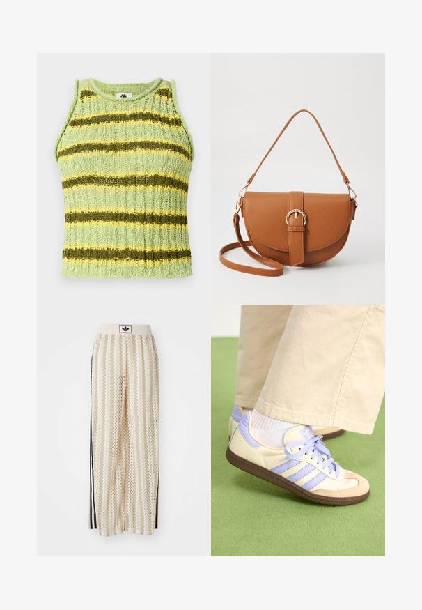 Lys grøn strikket ærmeløs top med vandrette mørkegrønne og gule striber, ribbet struktur og rund halsudskæring.; Cremefarvede bukser med vidde, der har et zigzag-mønster, med en sort logoelastik i taljen og sorte striber på siden. Letvægtigt, tekstureret stof.; Creme og lavendel sneakers med tre striber og en tekstureret brun sål, der har snørebånd og en polstret hæl. Blødt stof øvre.; Brun læder crossbody taske med en buet form, guldfarvet hardware og en spændeaccent. Har en aftagelig skulderrem.