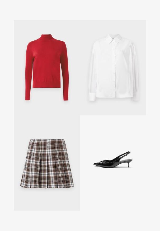 Suéter longo de manga com gola alta vermelha, com um design ajustado e punhos e gola canelados, contra um fundo branco.; Camisa branca de mangas longas com botões, em um suave misto de algodão. Apresenta um colarinho clássico, fechamento frontal com botões e punhos arredondados.; Saia plissada xadrez castanho e branco com um design estruturado e textura nítida, apresentando uma cintura alta e múltiplas dobras verticais.; Sapatos de salto alto slingback em couro preto com bico fino, pequeno salto kitten e um detalhe decorativo em forma de nó na parte da frente. Textura suave em toda a parte.