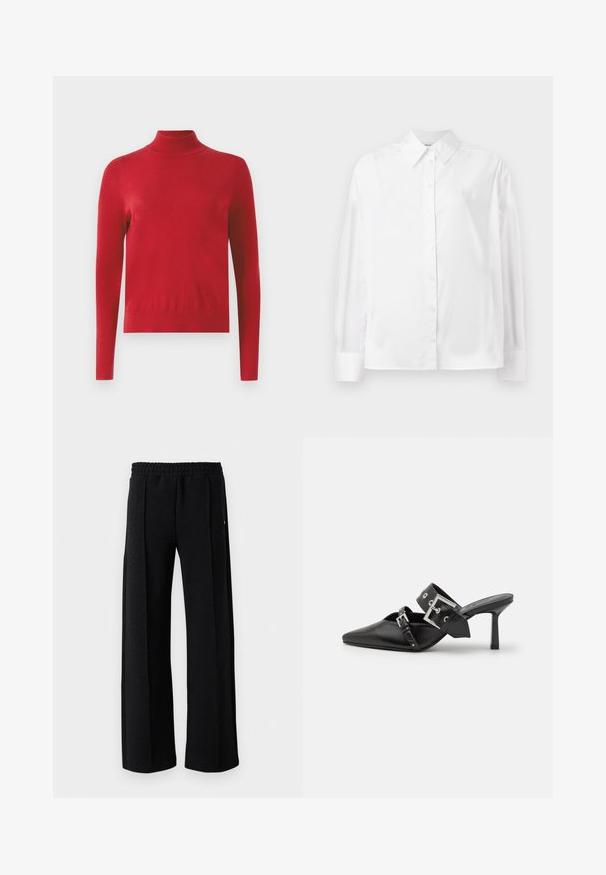 Piros, hosszú ujjú, garbós pulóver, testhezálló fazonban, bordázott mandzsettákkal és gallérral, fehér háttér előtt.; Fehér, hosszú ujjú, gombos ing sima pamut keverékből. Klasszikus gallérral, elöl gombos záródással és lekerekített mandzsettával rendelkezik.; Fekete egyenes lábú nadrág rugalmas derékkal és finom textúrával az anyagban, fehér háttéren.; Fekete magassarkú mules, hegyes orral, sima bőrből készült. Széles bokapántja van, négyzet alakú ezüst csattal és szegecsekkel.