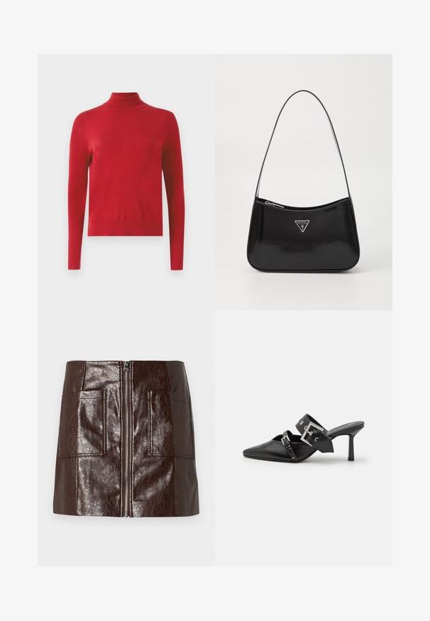 Rdeča dolga majica s turtleneck ovratnikom, v prilegajočem se dizajnu z rebrastimi manšetami in ovratnikom na belem ozadju.; Rjava mini krila iz umetnega usnja s sprednjim zadrgo, dvema velikima sprednjima žepoma in gladko, sijočo teksturo.; Črne visoke mule s koničastim prstom, izdelane iz gladkega usnja. Imajo širok gleženjski trak s kvadratno srebrno zaponko in okraski.; Črna patentirana usnjena torba za ramo s krožno obliko, opremljena s srebrnim trikotnim logotipom in zadrgo. Gladka tekstura in ozka naramnica.