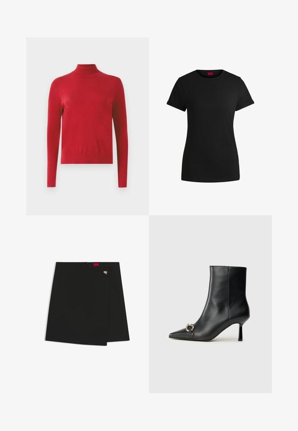 Maglione a maniche lunghe rosso con collo a dolcevita, dal design aderente con polsini e colletto a coste, su sfondo bianco.; T-shirt in cotone nero con maniche corte arrotolate, scollatura rotonda e etichetta rossa. Texture liscia, forma aderente con dettagli minimi.; Gonna nera avvolgente con una texture liscia, caratterizzata da un'etichetta rossa e un accessorio in metallo argento. Design semplice con un taglio pulito.; Stivale alla caviglia in pelle nera con punta affusolata, tacco sottile di media altezza e dettaglio in fibbia argentata sul lato, su sfondo semplice.