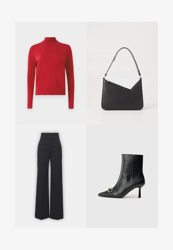 Rode lange mouwen coltrui met een aansluitend ontwerp en geribbelde manchetten en kraag op een witte achtergrond.; Wijdvallende broek in zwarte stof met een hoge tailleband, met een schone afwerking en een gladde textuur. Geen zichtbare hardware of patronen.; Zwarte leren enkelboot met spitse neus, slanke middenhoge hak en zilveren gespdetail aan de zijkant op een effen achtergrond.; Zwart leren handtas met een driehoekige vorm, een slanke strap en zilveren hardware. Voorzien van een ritssluiting en een reliëflogo op de voorkant.