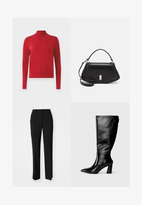 Roter Langarmrollkragenpullover mit figurbetontem Schnitt und gerippten Bündchen und Kragen vor einem weißen Hintergrund.; Schwarze, taillierte Hose mit geradem Bein, aus einem glatten Stoff und mit klaren Falten an der Vorderseite. Keine sichtbare Hardware.; Knöchelhohe schwarze Lederstiefel mit einer spitzen Zehe, glatter Oberfläche und einem klobigen Absatz. Verfügt über einen Reißverschluss hinten.; Schwarze Lederhandtasche mit einem strukturierten Design, das eine verkürzte Form, einen oberen Griff und goldfarbene Hardware-Details aufweist. Verstellbarer Schulterriemen ist enthalten.