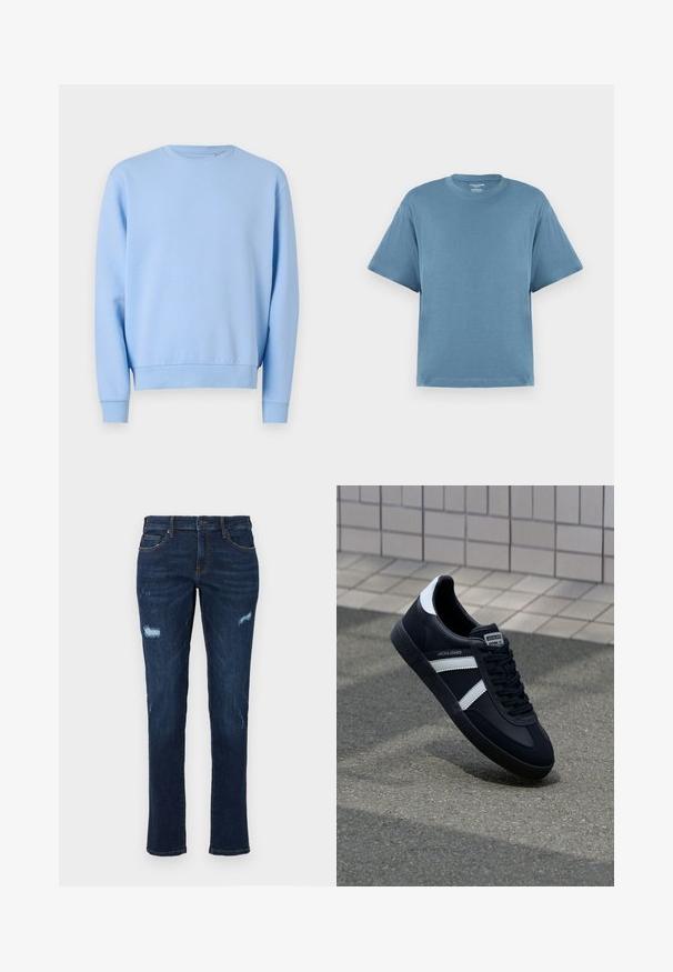 Svetlo modra majica s krožnim izrezom, dolgimi rokavi ter rebrastimi manšetami in robom. Narejena iz mehkega, gladkega materiala. Brez vzorcev ali detajlov.; Modra kratka majica s kratkimi rokavi, izdelana iz bombaža, s krožnim ovratnikom in sproščenim krojem. Gladka tekstura, minimalistična zasnova, brez vzorcev ali dodatkov.; Temno modri jeansi iz denima s ravnim krojem, ki imajo obrabljene luknje na kolenih, tradicionalne žepe in vidno kontrastno šivanje.; Črne usnjene superge z belimi črtami, teksturiran gumijast podplat in zavezovanje spredaj. Imajo označeno oznako na ježku.