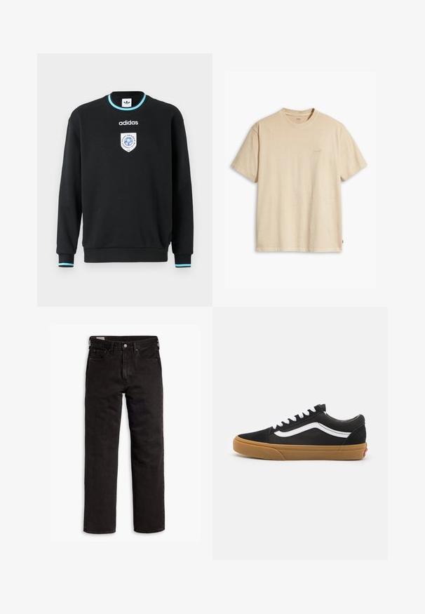 Sudadera negra de manga larga, con cuello redondo y detalles azules en los puños. Cuenta con un logotipo bordado en el pecho. Hecha de un tejido suave.; Camiseta de algodón beige con cuello redondo y mangas cortas. Presenta un sutil logotipo de "Levi's" en el mismo color en el pecho. Textura suave.; Vaqueros de mezclilla negros de pierna recta con cinco bolsillos, cierre de botón y trabillas para cinturón, dispuestos sobre un fondo blanco.; Zapatillas de ante negro con banda lateral blanca, cordones blancos y suela de goma. Diseño clásico de corte bajo con acentos texturizados y punta redondeada.