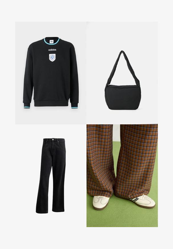 Sweatshirt negru cu mâneci lungi, guler rotund și accente albastre la mansete. Prezintă un logo brodat pe piept. Fabricat dintr-un material moale.; Blugi din denim negru cu un design drept, având buzunare frontale, închidere cu nasture și o textură ușoară. Include un detaliu subtil cu logo.; Pantaloni largi cu carouri maro și albastru, asociați cu pantofi albi cu accente negre și tălpi texturate, împotriva unui fundal verde.; Geantă de umăr neagră cu o textură căptușită, formă rotundă și un bretele lată, având un logo embosat pe față.