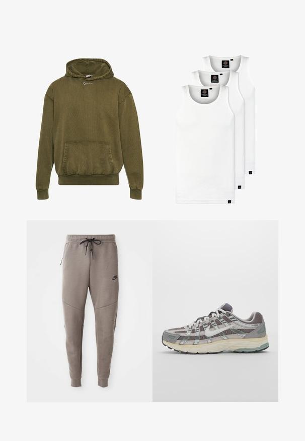 Olive zelena kapuca iz teksturiranega blaga, z vstopnim žepom, ribastimi manžetami in robom, z vrvico za zategovanje na kapuci in podrobnostmi logotipa.; Tri bele rebraste majice brez rokavov iz bombaža. Imajo okroglo izreza in majhne črne etikete blizu roba. Na voljo v več velikostih.; Sive Nike trenirke z vrvico v pasu, pripete noge, stranske žepke in izrazitim šivom. Mehka, teksturirana tkanina.; Sive športne čevlje z zgornjim delom iz mrežastega in semiš materiala, belimi akcenti, oblazinjenim podplatom ter edinstvenim dizajnom z odsevnimi elementi.