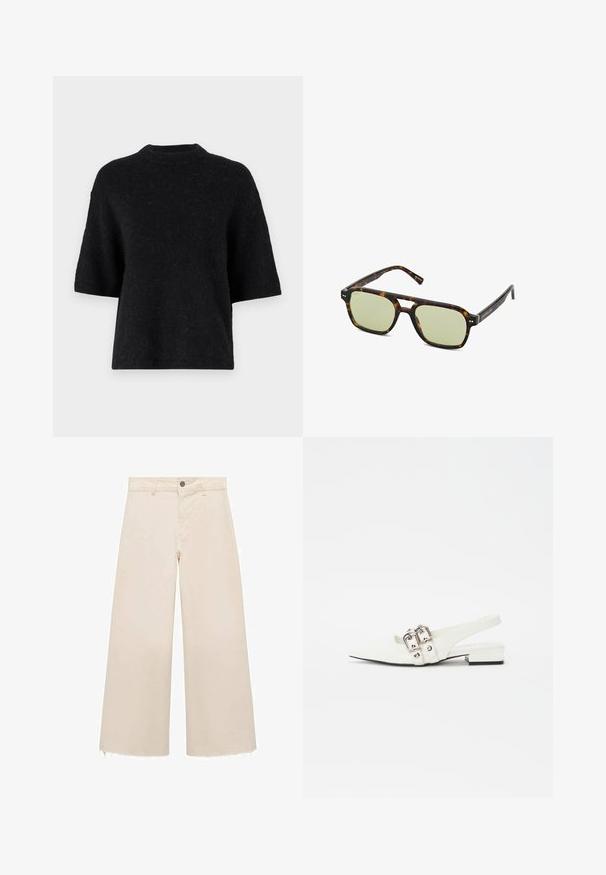 Maglione corto nero a maniche corte con colletto alto, realizzato in materiale a maglia testurizzato, caratterizzato da una vestibilità ampia e un tessuto morbido e peloso.; Pantaloni a gamba larga in cotone beige chiaro, con chiusura a bottone, orlo leggermente sfrangiato e design a vestibilità ampia.; Scarpa slingback bianca in pelle con punta affusolata, dettagli in fibbia argentata e tacco basso a blocco. Texture liscia con dettagli minimi.; Occhiali da sole tartarugati con lenti verdi, montatura rettangolare e un design del ponte prominente. Presentano un sottile marchio sulla tempia.; Borsa a tracolla nera in pelle con una texture liscia, design minimalista e una sola tracolla curva. Apertura superiore, senza hardware visibile.