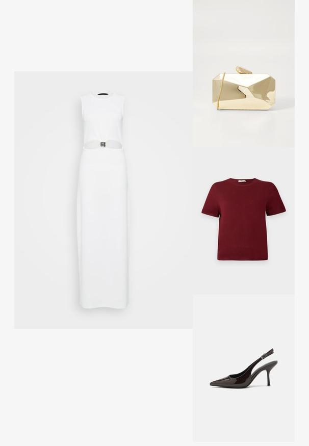 Burgundy, rövid ujjú pulóver, puha kötött anyagból; kerek nyakkivágás, bordás mandzsetta és alj; egyszerű dizájn, látható minták vagy díszítések nélkül.; Fehér, ujjatlan, maxi ruhát középen egy fémes öv részlettel díszített kivágás jellemez. Sima textúra, egyenes sziluett.; Fényes sötétbarna lakkbőr magas sarkú slingback cipő, hegyes orral, nyitott oldalakkal és állítható bokapánttal.; Arany fém clutch táska geometrikus mintázattal, sima felülettel, cipzárral és záróklipszel a tetején. A táska téglalap alakú, éles sarkokkal.