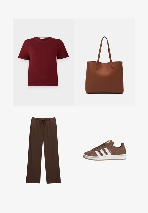Karmínový svetr s krátkým rukávem vyrobený z měkkého pleteného materiálu; kulatý výstřih, žebrované manžety a spodní lem; jednoduchý design bez viditelných vzorů nebo akcentů.; Hnědé široké kalhoty vyrobené z měkkého materiálu, s elastickým pasem na šňůrku a dvěma bočními kapsami.; Hnědé semišové tenisky s bílými koženými pruhy, gumovou podrážkou, kulatou špičkou a šněrováním vpředu. Mají logo na jazyku a perforované detaily.; Hnědá kožená taška přes rameno s hladkou texturou, otevřeným designem a dvěma ramenními popruhy. Obsahuje minimální švy a žádné viditelné kovové prvky.