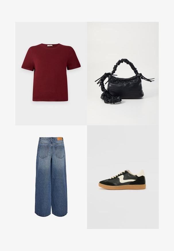 Burgundy, rövid ujjú pulóver, puha kötött anyagból; kerek nyakkivágás, bordás mandzsetta és alj; egyszerű dizájn, látható minták vagy díszítések nélkül.; Széles lábú denim culotte nadrág közepes kék mosással és kopott textúrával, két hátsó zsebbel és barna bőr márkás címkével a derékon.; Fekete velúr és bőr sneaker, krém színű oldalsó swoosh-sal és világos krém színű sarokkal. Beigézett fűzőkkel és gumi talppal rendelkezik.; Fekete műbőr kézi táska krokodil bőr textúrával, összehúzható tetejű és gyűrt pánttal. Lágy és kompakt dizájnúnak tűnik.