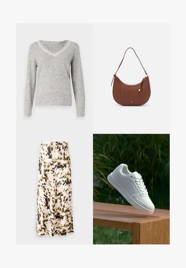 Grijze lange-sleeve trui met een V-hals, voorzien van een decoratieve beaded rand langs de halslijn en een zachte, gestructureerde afwerking.; Een knielange rok van lichte stof met een abstract patroon in beige, bruin en groen. Heeft een aansluitende tailleband en een vloeiende vorm.; Witte sneaker met een gladde synthetische bovenkant, geperforeerde neus, platte veters en een gestructureerde zool, tentoongesteld op een houten oppervlak.; Bruine faux leren schoudertas met een gebogen vorm, minimale stiksels en een gouden hardware-accent. Voorzien van een bovenste ritsluiting en een verstelbare schouderband.