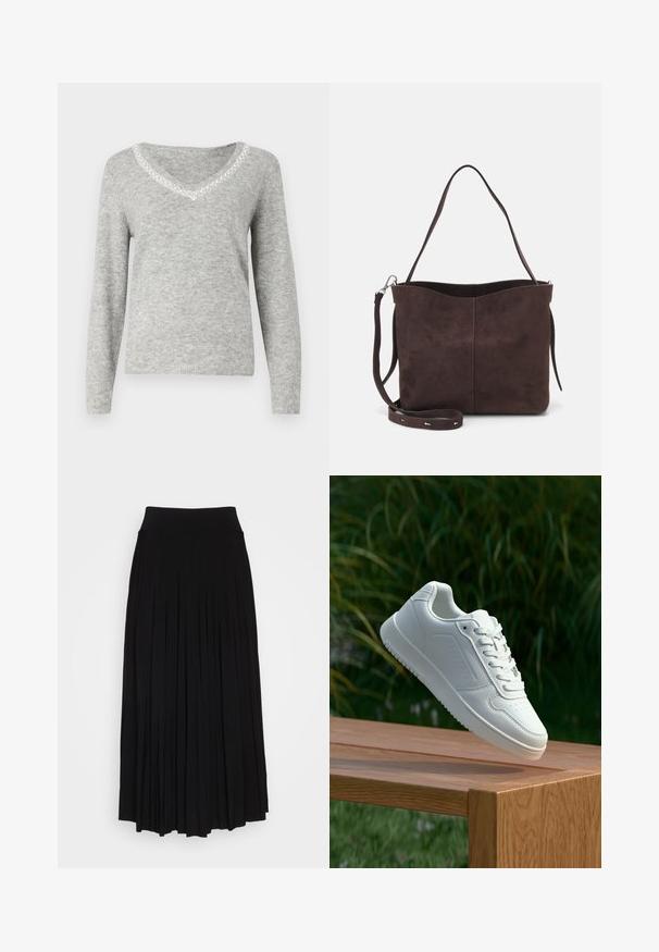 Gray long-sleeve sweater with a V-neck, featuring a decorative beaded trim along the neckline and a soft, textured finish.; Black pleated skirt with a high, stretchy waistband. Made from soft fabric, featuring vertical pleats for a flowing silhouette.; White sneaker with a smooth synthetic upper, perforated toe box, flat laces, and a textured sole, displayed on a wooden surface.; Brown suede tote bag with a soft texture, featuring a single shoulder strap and a subtle curved top opening. No visible hardware details.