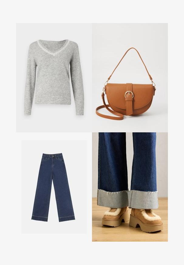 Harmaa pitkähihainen neulepaita, jossa on V-pääntie, koristeelliset helmiäiset reunat kaula-aukossa ja pehmeä, teksturoitu pinta.; Vyötäröltä leveät farkut tummansinisestä denimmateriaalista. Varustettu viidellä taskulla, vyölenkeillä ja näkyvillä sauman yksityiskohdilla. Raaka helma alareunassa.; Ruskeat samettikankaiset platform-kengät, joissa on kermaisen valkoinen turkisvuori, yhdistettynä leveälahkeisiin farkkuhousuihin, joissa on repaleiset helmansa ja vaaleampi farkkuvarsi.; Ruskean nahkainen olkalaukku, jossa on kaareva muoto, kultaiset yksityiskohdat ja solkiyksityiskohta. Varustettu irrotettavalla olkahihnalla.