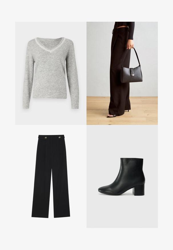 Grauer Pullover mit langen Ärmeln und V-Ausschnitt, der eine dekorative Perlenborte entlang des Ausschnitts und eine weiche, strukturierte Oberfläche aufweist.; Schwarze weite Hosen mit hoher Taille, Knopfdetails am Bund und vorderen Falten.; Schwarze Leder-Ankle-Boots mit spitzem Zehenbereich und klobigem Absatz. Glatte Textur mit minimalen Akzenten und einem eleganten, taillierten Design.; Schwarze Handtasche mit strukturierter Form, glatter Textur und einem metallischen Verschluss. Kombiniert mit weiten schwarzen Hosen und offenen Sandalen auf einem Holzboden.
