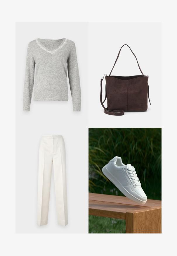 Šedý svetr s dlouhým rukávem a výstřihem do V, s ozdobným korálkovým lemem kolem výstřihu a měkkým, texturovaným povrchem.; Krémové kalhoty s přiléhavým střihem, rovné nohavice, hladká tkanina, přední sklady a čistý lem. Minimalistický design.; Bílé tenisky s hladkým syntetickým svrškem, perforovanou špičkou, plochými tkaničkami a texturovanou podrážkou, vystavené na dřevěném povrchu.; Hnědá semišová taška přes rameno s jemnou texturou, vybavená jedním popruhem na rameno a decentním zakřiveným horním otvorem. Žádné viditelné detaily z hardware.