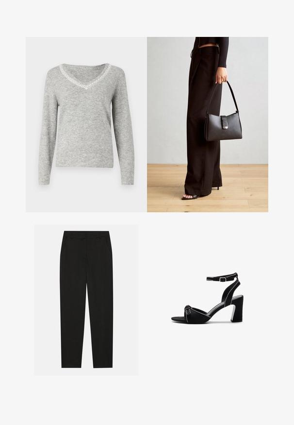 Maglione grigio a maniche lunghe con scollo a V, caratterizzato da un bordo decorativo in perline lungo il colletto e una finitura morbida e texturizzata.; Pantaloni neri dal design sartoriale, con tasche laterali e gamba dritta. Realizzati in tessuto liscio e leggero con una finitura elegante.; Sandali con tacco in suede nero, dotati di un ampio tacco a blocco, fascia alla caviglia regolabile, design con punta aperta e dettagli a contrasto cuciti.; Borsa nera con forma strutturata, texture liscia e una chiusura metallica. Abbinata a pantaloni neri larghi e sandali open-toe su un pavimento in legno.