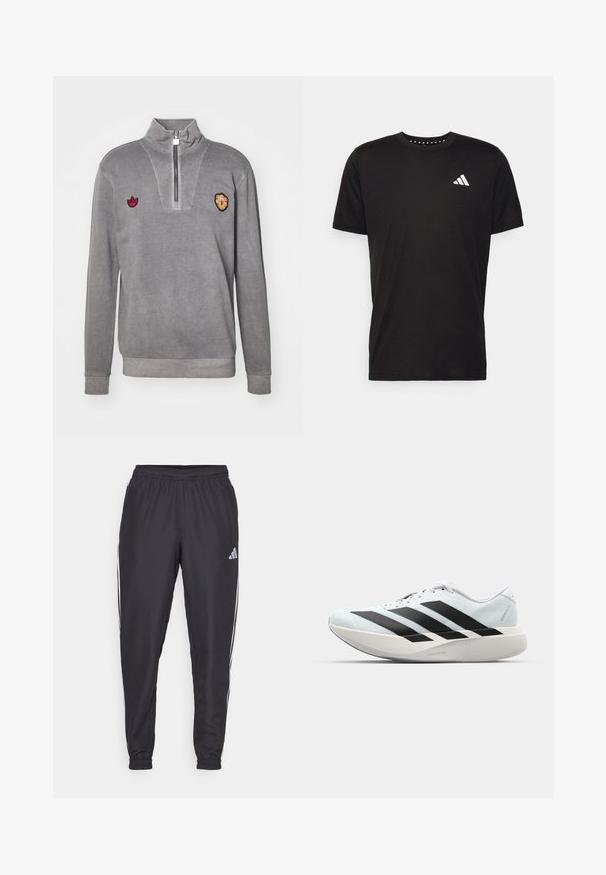 Šedý pulóver so zvýšeným golierom, polovičným zipsom, dvoma vyšitými logami na hrudi a rebrovanými manžetami a lemom. Mäkká textúra.; Čierne bavlnené tričko s krátkymi rukávmi, klasickým výstrihom a bielym logom na ľavej strane hrude. Hladká textúra a jednoduchý dizajn.; Čierne športové nohavice s elastickým pásom, s bielymi pruhmi po bokoch a malým logom na boku. Hladká textúra.; Ľahké bežecké topánky v svetlomodrej farbe s čiernymi pruhmi. Majú hladký zvršok, okrúle špičky a hrubú bielu medzipodrážku označenú "LIGHTSTRIKE PRO."