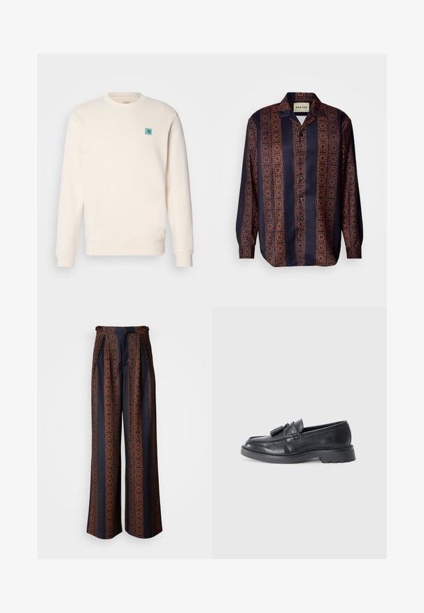 Kremowy sweatshirt wykonany z miękkiego materiału, z okrągłym dekoltem, ściągaczami przy rękawach, prostym dołem i małym niebieskim emblematem na piersi.; Granatowa koszula zapinana na guziki z kwiatowym geometrycznym wzorem w odcieniach pomarańczy. Posiada kołnierzyk oraz długie rękawy z mankietami zapinanymi na guziki.; Dwie koszule z długim rękawem, jedna czarna i jedna biała, wykonane z bawełny, z okrągłymi dekoltami i gładką fakturą, wyeksponowane w ułożonym stosie.; Szerokie spodnie w ciemnoniebieskim kolorze, z misternym pomarańczowym geometrycznym wzorem, z plisowanym przodem i dopasowaną talią.; Czarne skórzane mokasyny z zaokrąglonym noskiem, paskiem z frędzlami oraz masywną podeszwą z bieżnikiem. Gładka tekstura i klasyczny design.