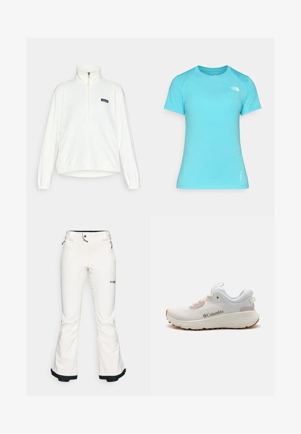 Valge fliispullover, millel on poolsahtli krae, elastsed mansetid ja Patagonia logo paigatus. Pehme tekstuur ja lõdva siluett.; Heledad sinistee lihav särk, mis on valmistatud pehmest kangast, ringja kaelusega ja väike valge logo vasakul ülal.; Valged suusapüksid, mis on valmistatud pehmest ja paindlikust materjalist. Omavad vormitud talje, laiu flöödid ja musta äärist varrukatel. Brändi logo on nähtav.; Kerged Columbia spordijalanõud valgest võrgust, millel on tekstureeritud hall tall ja kummist haardepind. Omaduseks on polsterdatud krae ja nööridega kinnitussüsteem.