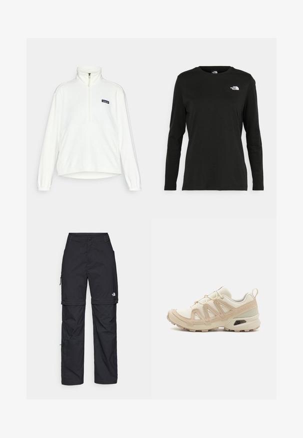 Άσπρος φλις επωμίτης με μισό φερμουάρ στον γιακά, ελαστικούς σφιγκτήρες και πατagonia λογότυπο. Μαλακή υφή και χαλαρή σιλουέτα.; Μαύρο μακρυμάνικο μπλουζάκι από βαμβάκι με στρογγυλή λαιμόκοψη. Διαθέτει ένα μικρό λευκό λογότυπο στην αριστερή πλευρά του στήθους. Απλός σχεδιασμός και εφαρμογή.; Μαύρα νάιλον παντελόνια cargo με φερμουάρ που αφαιρούνται, ρυθμιζόμενους καρπούς, πολλαπλές τσέπες και λογότυπο στο δεξί πόδι. Απαλή, ελαφριά υφή.; Μπεζ και κρεμ αθλητικό παπούτσι με υφασμάτινη άνω επιφάνεια με υφή, υποστηρικτικά overlay και καουτσούκ σόλα με σχέδιο πέλματος για πρόσφυση.