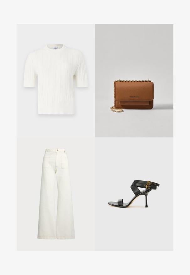 Hvitt strikket kortermet genser med vertikal ribbestrikk og rund halslinning. Laget av mykt stoff med en teksturert overflate.; Vidde bukser i off-white denim. Høyt liv-design med knappelukking, to frontlommer og kontrastsøm detaljer.; Svarte hælsandaler med kryssende stropper og justerbar spenne. Har en jevn tekstur og avsmalnende stilettoklakk.; Brun teksturert lær crossover-veske med gullkjede-stropp og klaffelukking. Fronten har logo-detalj og en lomme under klaffen.