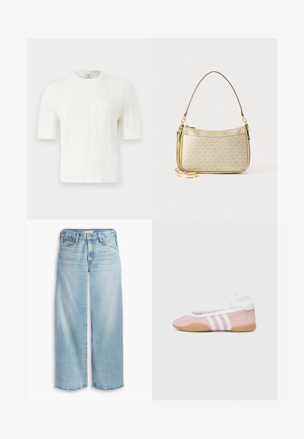Biały, dzianinowy sweter z krótkim rękawem, charakteryzujący się pionowym żebrowaniem i okrągłym dekoltem. Wykonany z miękkiego materiału o teksturowanej powierzchni.; Jasnoniebieskie dżinsy z szerokimi nogawkami, wykonane z denimu, z wysokim stanem, zapięciem na guziki i postrzępionym dołem. Widoczne szwy i kieszenie.; adidas Originals TAEKWONDO MEI różowy; Torebka o złotej fakturze z gładkim skórzanym paskiem, z zamknięciem na zamek błyskawiczny i dyskretnym wzorem logo nadrukowanym na powierzchni.