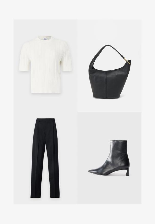 Fehér, kötött, rövid ujjú pulóver, függőleges bordázással és kerek nyakkivágással. Puha anyagból készült, textúrált felülettel.; Fekete nadrág sima anyagból, magas derékkal, széles lábakkal, elülső redőkkel és klasszikus övhurkokkal. Oldalzsebek nem láthatók.; Fekete bőr bokacsizma hegyes orral és letisztult dizájnnal. Alacsony sarka és hátsó cipzáras záródása van. Simának tűnő textúra.; Fekete bőrtáska kerekded formával, széles pánttal és texturált felülettel. Finom varrási részletekkel és arany színű fém díszítéssel rendelkezik.