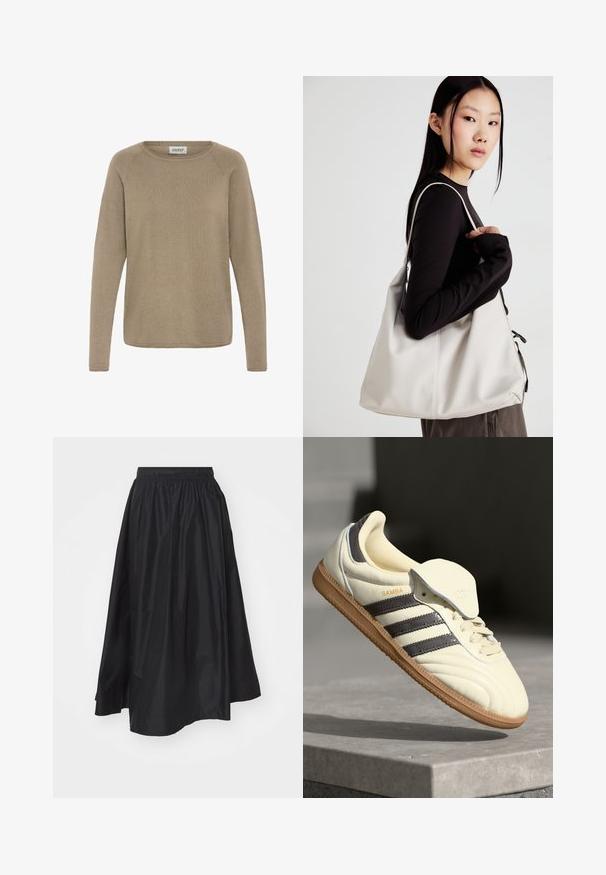 Gaiši brūns garām piedurknēm svīteris, izgatavots no mīksta auduma, ar noapaļotu dekoltē un ribotiem rakstiem. Vienkāršs, bez rotājumiem dizains.; Melna, līdz ceļiem garš svārku, izgatavots no viegla auduma, ar elastīgu jostasvietu un paplatinātu dizainu, kas nodrošina kustību brīvību.; Krēmkrāsas ādas tenisbikses ar trim tumšiem svītrām, brūnu gumijas zoli un noapaļotu purngalu. Iezīme ir locījamā mēle ar uzrakstu "SAMBA".; Bežs rokassoma, izgatavota no mīksta materiāla, ar brīvu dizainu, izšūtu apdari un divām plecu siksnām. Piemērota ikdienas lietošanai.