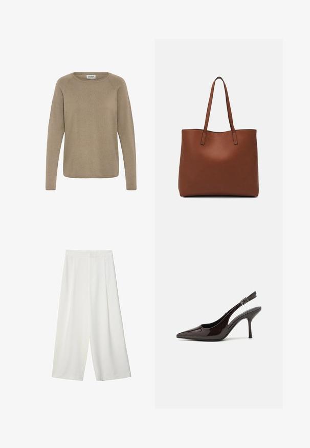 Hellbrauner Langarmpullover aus weichem Stoff, mit rundem Ausschnitt und geripptem Muster. Einfaches, unaufgeregtes Design.; Weiße, weite, knöchellange Hosen mit glatter Textur, flachem Vorderteil und ohne sichtbare Verschlüsse oder Taschen.; Slingback-Pumps aus glänzendem dunklen braunen Lackleder, mit spitzer Zehenpartie, offenen Seiten und verstellbarem Knöchelriemen.; Braune Leder-Tote mit glatter Textur, offenem Oberteil und zwei Schulterriemen. Verfügt über minimale Nähte und keine sichtbaren Beschläge.