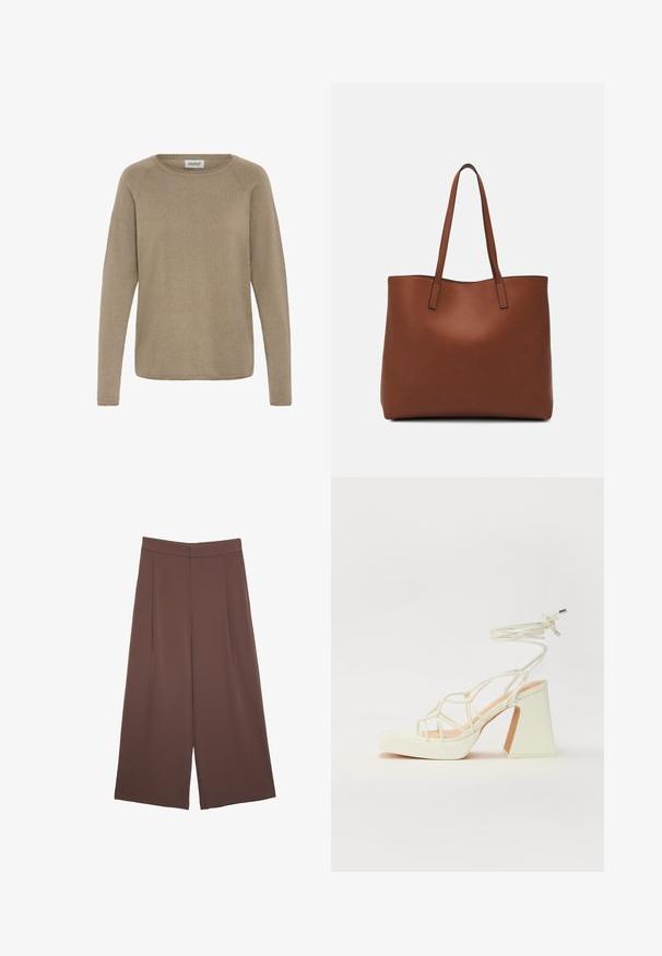 Hellbrauner Langarmpullover aus weichem Stoff, mit rundem Ausschnitt und geripptem Muster. Einfaches, unaufgeregtes Design.; Braune Weite-Leg-Hosen mit einer glatten Textur, hoher Taille und Vorderfalten. Der Stoff ist leicht und fällt locker.; Weiße High-Heel-Sandale mit einem klobigen Absatz, die über ein Riemchendesign und ein Knöchelband verfügt. Glatte Textur mit einer Plattform vorne für zusätzliche Höhe.; Braune Leder-Tote mit glatter Textur, offenem Oberteil und zwei Schulterriemen. Verfügt über minimale Nähte und keine sichtbaren Beschläge.
