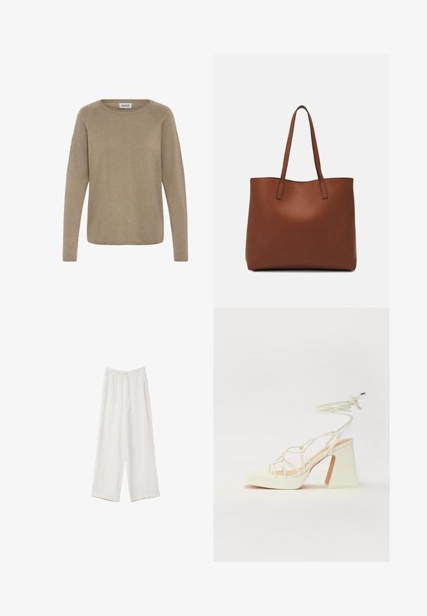 Ljust brunt långärmat tröja i mjukt tyg, med rundad halslinning och ribbat mönster. Enkel, odekorerad design.; Vita vida byxor i vid passform gjorda av ett lättviktsmaterial. Har en elastisk midja med dragsko och sidofickor. Slät textur.; Vit högklackad sandal med en kraftig klack, med ett remdesign och ankelband. Slät textur med en plattform framtill för ökad höjd.; Brun läder tote-väska med en slät textur, öppen toppdesign och två axelremmar. Har minimal söm och ingen synlig metalldetalj.