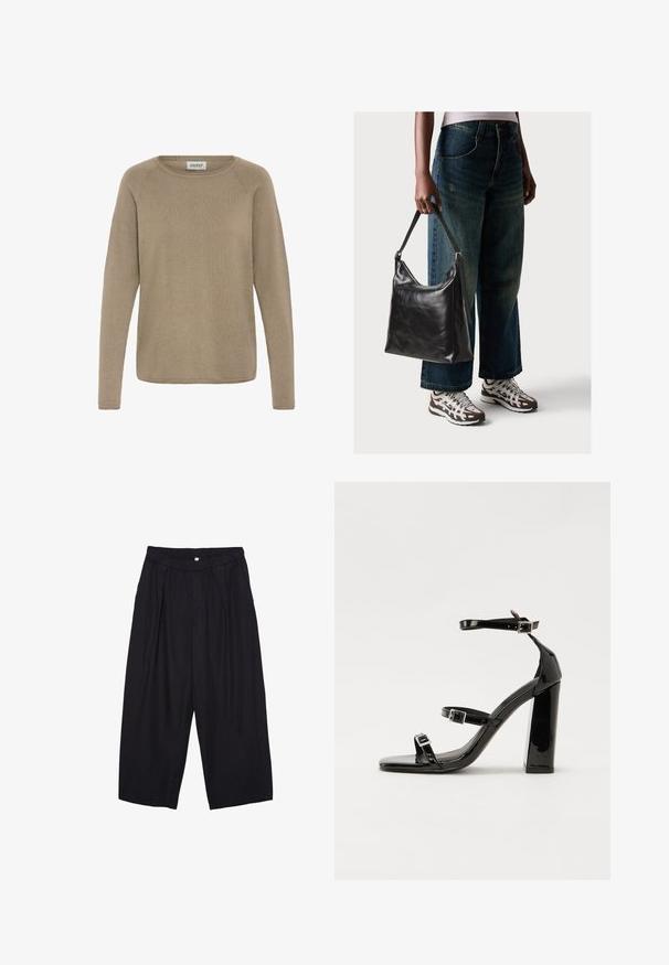 Svetlo rjav dolg rokav pulover iz mehkega blaga, z okroglo izreznico in rebrasto strukturo. Preprost, neokrašen dizajn.; Črne poliesterske culotte hlače z elastičnim pasom, dvema sprednjima nabiranjema in ohlapnim krojem. Brez vidnih vzorcev ali kovinskih detajlov.; Črne lakirane sandale s peto, kvadratnim prstom, trakovi okrog gležnja in srebrnimi zaponkami. Opremljene so s stabilno Debelo peto.; Črna usnjena torba za ramo z gladko teksturo in nastavljivim trakom, v kombinaciji z zbledelimi širokimi hlačami in športnimi supergami.