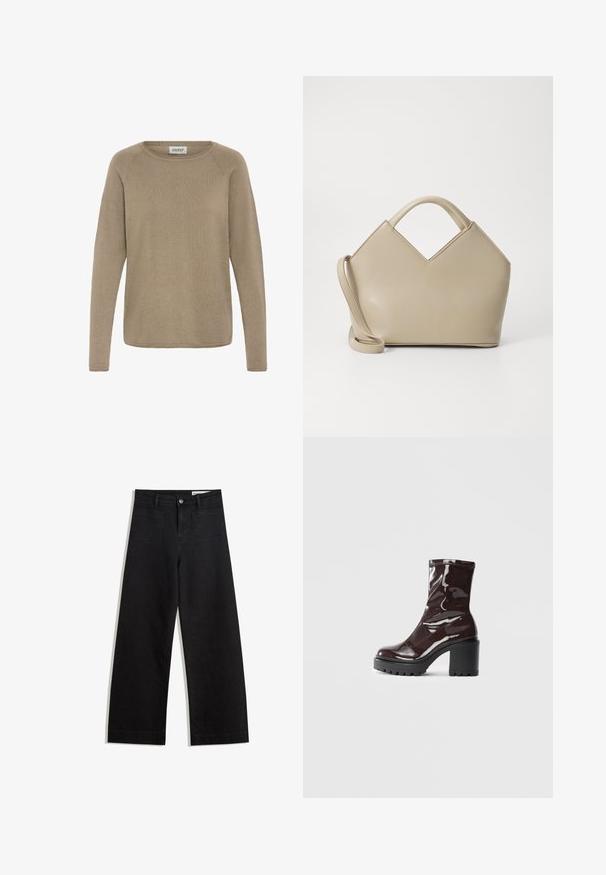 Svijetlosmeđi pulover dugih rukava izrađen od mekog materijala, s okruglim izrezom i rebrastom teksturom. Jednostavan, neukrašen dizajn.; Crne široke traperice s visokim strukom, s prednjim i stražnjim džepovima, šivenim šavovima i kopčanjem na gumb. Glatka tekstura.; Sjajna burgundska čizma do gležnja s debelim crnim potplatom, koja se odlikuje glatkom teksturom i jednostavnim dizajnom. Nema vidljivih kopčanja ili uzoraka.; Bež torba sa strukturom i V-oblikovanim vrhom, napravljena od glatke kože, sa kratkim drškama i dugim podesivim remenom. Minimalistički dizajn.
