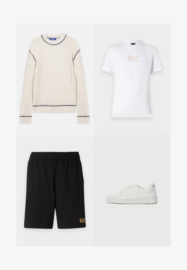 Off-white geripptes Sweatshirt aus weichem Material, mit dunkelgrauen Akzenten am Halsausschnitt und am Saum, ausgestattet mit langen Ärmeln.; Weißes Baumwoll-T-Shirt mit Rundhalsausschnitt und kurzen Ärmeln, mit einem goldenen EA7 Emporio Armani-Logo auf der Vorderseite.; Schwarze Sportshorts aus weichem Material, mit einem elastischen Bund und einem kleinen gelben EA7-Logo am unteren linken Bein.; Weiße Ledersneaker mit glatter Oberfläche, runder Zehenpartie, flachen Schnürsenkeln und strukturiertem Sohlenprofil. Mit einem dezenten Logo an der Ferse.