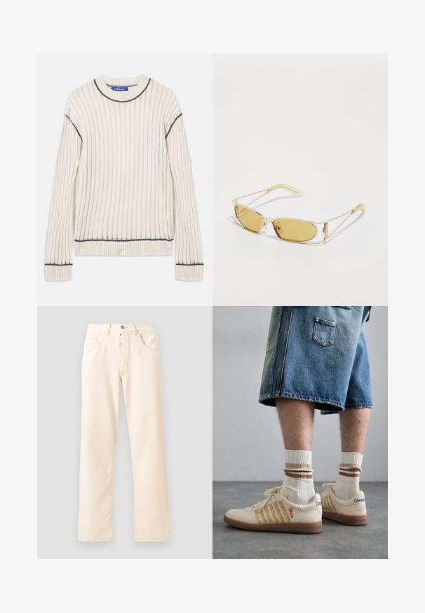 Off-white ribbed sweater made from soft fabric, featuring dark gray accents at the neckline and hem, with long sleeves.; Gray cotton t-shirt featuring a small orange fox head embroidery above the left chest. Crew neck, short sleeves, and a classic fit.; Light beige denim jeans with a straight-leg design, five pockets, and a front button closure. Stitching visible along seams.; Beige retro sneakers with brown rubber sole, featuring striped accents and embroidered logos. Worn with white socks, striped brown detail.; Yellow-tinted sunglasses with a translucent gold frame, slim rectangular shape, and angular arms with light green accents.