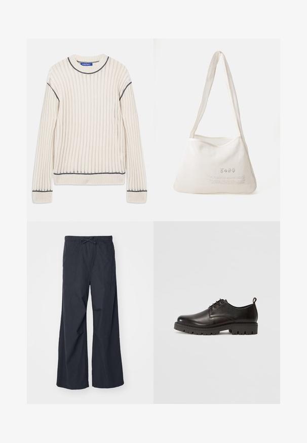 Balts svītrainais džemperis, izgatavots no mīkstas auduma, ar tumši pelēkiem akcentiem apkaklītē un apakšmalā, ar garām piedurknēm.; Platas kājas bikses no vienkrāsaina melna auduma ar elastīgu jostasvietu un regulējamu saiti, kā arī divām sānu kabatām. Gluda tekstūra un ikdienišķs dizains.; Melnu ādas kurpes ar auklām, ar gludu apdari, noapaļu purngalu, biezu gumijas zoli ar protektora rakstu un nelielu papēža cilpu.; Balta sieta plecu soma ar mīkstu, hobo formu. Aprīkota ar divām siksnām un uzdrukātu tekstu priekšpusē kontrastējošā krāsā.