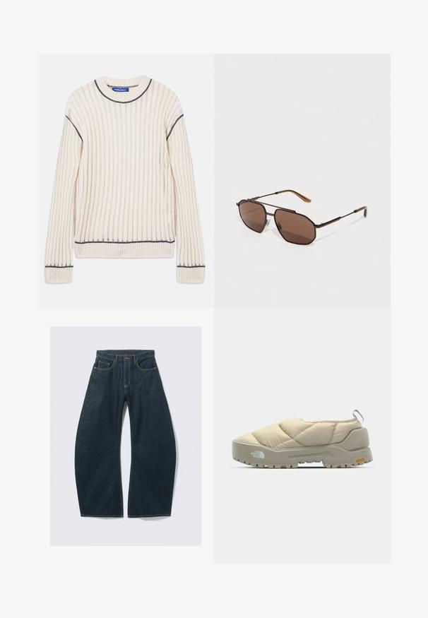Off-white ribbet sweater lavet af blødt stof, med mørkegrå detaljer ved halsen og kanten, og lange ærmer.; Mørkeblå vidde jeans lavet af denim med fem lommer, synlige sømme, knaplukning og en ren finish.; Quilted beige slip-on sko med grå Vibram sål, rund form og bageste løkke. Har logo på siden og struktureret overflade.; Brune oktagonale solbriller med en tynd sort metalramme, akcentueret af brune stænger. Mørkt tonede linser giver UV-beskyttelse.