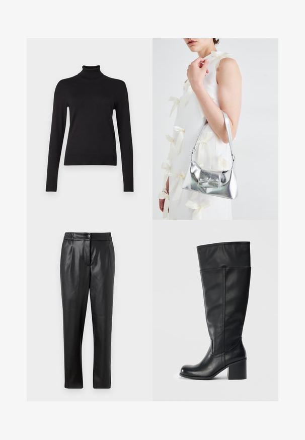 JJXX JXADA COMFY ROLL NECK - Džemperis - black; Melni ādas bikses ar gludu tekstūru, taisnu piegriezumu, elastīgu jostasvietu un priekšējo pogu aizdari; ar krokām un sašaurinātām kājām.; Melnas ādas zābaki līdz ceļiem ar bloku papēdi, gludu virsmu un šuvju detaļām gar sāniem. Vienkāršs un mūsdienīgs dizains.; Sudraba metāla rokassoma ar struktūru formu, aprīkota ar augšējo rokturi un priekšpusē esošu loku. Gluda tekstūra, atstarojoša virsma.