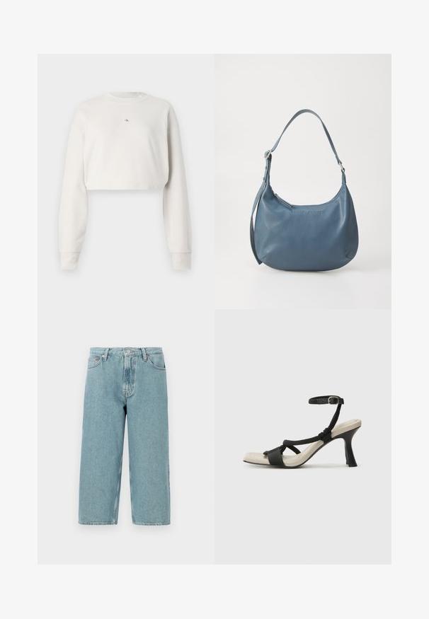 Skraćeni dukserica od svijetlosive tkanine, s dugim rukavima, okruglim izrezom i malim logotipom u sredini. Meka textura.; Svijetloplave traper šortse s visokim strukom, ravnog kroja i neuređenim rubom. Imaju klasično kopčanje na gumb i rajsferšlus, te četiri džepa.; Crne sandale na visokom potpetici s dizajnom pletenih trakica, kvadratnim vrhom i podešivom trakicom oko gležnja. Svijetlosmeđi ulošci s sjajnim crnim potpeticama.; Plava kožna torba u obliku kruške, s jednim remenom za rame, zatvaranjem na patentni zatvarač i utisnutim nazivom brenda sprijeda. Glatka tekstura.