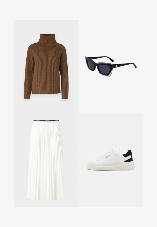 Bruine geribde turtleneck trui met lange mouwen, met een aansluitende hoge hals en een relaxte pasvorm, gemaakt van een textuur gebreid materiaal.; Plisséminirok in het wit met een zwarte elastische tailleband met het "LACOSTE"-logo. Middellange ontwerp met een zachte textuur.; Witte leren sneakers met een dikke witte zool, zwarte suède hielaccent en een geperst logo op de zijkant. Vetersluiting met zes oogjes.; Zwarte oversized zonnebril met een geometrische vorm, voorzien van donkere glazen en een contrasterend grijs detail op het montuur. Logo op de arm.