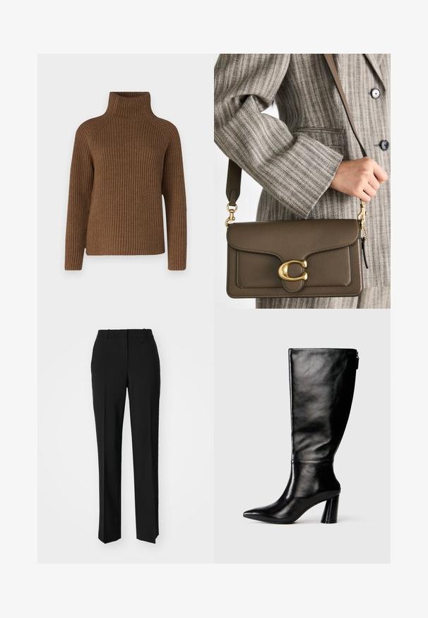 Brown ribbed turtleneck sweater with long sleeves, featuring a fitted high neck and a relaxed fit, made from textured knit material.; Black tailored trousers with a straight-leg design, featuring a smooth texture and crisp creases along the front. No visible hardware.; Knee-high black leather boot with a pointed toe, smooth texture, and a chunky heel. Features a zipper detail at the back.; COACH TABBY SHOULDER BAG 26 - Handbag - dark stone