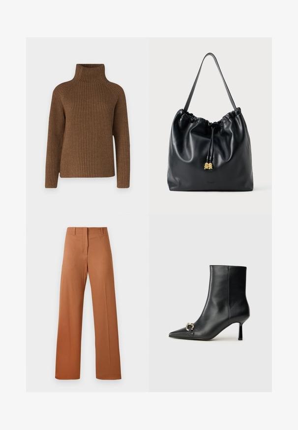 Suéter de gola alta canelada castanho com mangas longas, apresentando um colarinho alto justo e um corte relaxado, feito de material de malha texturizada.; Calças largas em um tecido castanho rico, com uma textura suave, cintura regular com passantes para cinto e detalhes de vinco na frente.; Bota preta de couro até ao tornozelo com bico apontado, salto slim de altura média e detalhe em fivela prateada de lado, contra um fundo simples.; Mala de cordão em couro preto com uma textura suave, topo franzido e discretos acessórios em dourado. Apresenta uma única alça resistente e um logótipo embossado.