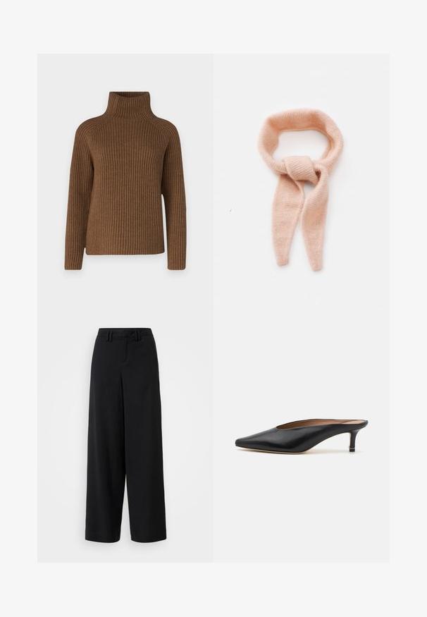 Ruskealla poimuttavalla korkeakauluksisella neulepaidalla, jossa on pitkät hihat, soveltuu tiukka korkea kaulus ja rento malli, valmistettu rakenteellisesta neulemateriaalista.; Mustat leveälahkeiset housut, jotka on valmistettu sileästä kankaasta ja joissa on tasainen etuosa, laskostettuja yksityiskohtia sekä vyölenkit vyötäröllä.; Musta nahkakengät, joissa on terävä kärki ja matala, lohkareena korko. Sileä pinta ja tyylikäs muotoilu. Avoin takapuoli, jossa on minimaalista yksityiskohtaisuutta.; Vaaleanpunaista neulottua huivia, pehmeä tekstuuri, silmukkamuotoilu ja pitkät päät, keskellä solmukohta.