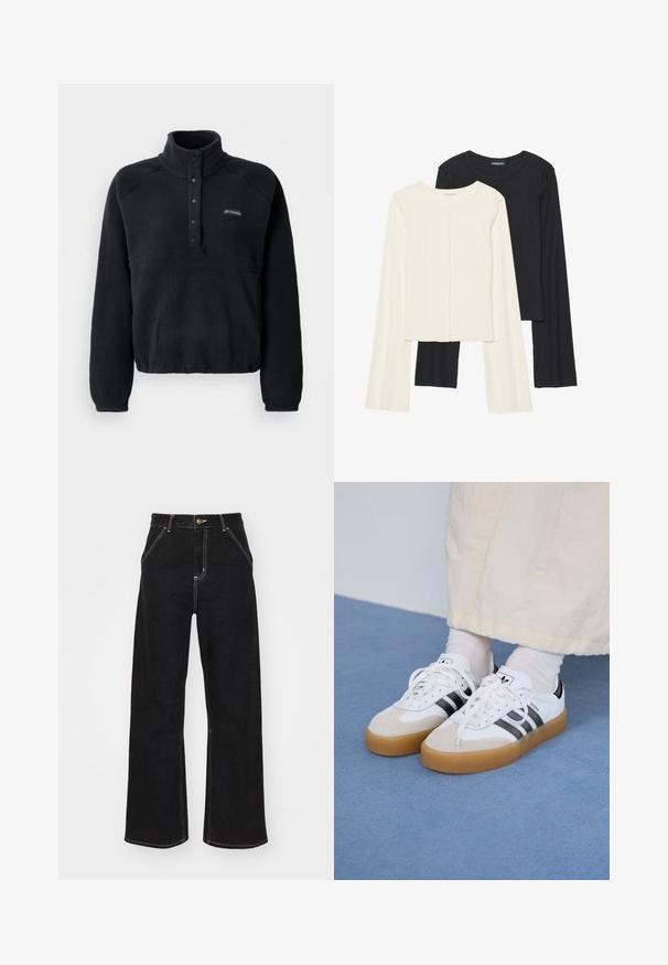 Schwarzer Fleece-Pullover mit Druckknopfkragen und Columbia-Logo auf der linken Brust, ausgestattet mit langen Ärmeln und einem gemütlichen, strukturierten Stoff.; Set aus zwei Langarmoberteilen in Weiß und Schwarz. Rippstruktur, Rundhalsausschnitt, figurbetontes Design mit leicht ausgestellten Ärmeln.; Schwarze weit geschnittene Jeans aus Denim, mit kontrastierenden weißen Nähten und einem vorderen Knopfverschluss, ausgestattet mit zwei schrägen Fronttaschen.; Weiße Sneaker mit schwarzen Streifen und beigen Wildlederakzenten. Besitzen eine strukturierte Gummisohle und flache weiße Schnürsenkel, getragen mit hellen Socken.