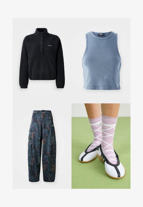 Schwarzer Fleece-Pullover mit Druckknopfkragen und Columbia-Logo auf der linken Brust, ausgestattet mit langen Ärmeln und einem gemütlichen, strukturierten Stoff.; Helles blaues, geripptes Crop-Top mit Rundhalsausschnitt und ärmellosem Design. Glatte Textur und ein kleines Logodetail am Saum.; Tarnfarben Cargo-Hosen in Dunkelgrün und Braun, mit mehreren Taschen und lockerer Passform, aus leichtem, strapazierfähigem Stoff.; Weiße flache Schuhe mit schwarzem Besatz und Sohle, kombiniert mit helllilanen, gerippten Socken mit weißen Überkreuz-Riemen. Auf einem grünen Hintergrund.