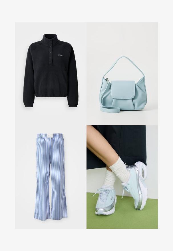 Pullover in pile nero con collare a bottoni a pressione e logo Columbia sul lato sinistro del petto, dotato di maniche lunghe e tessuto morbido e testurizzato.; Pantaloni blu e bianchi a righe con una vestibilità rilassata, realizzati in tessuto leggero, dotati di una fascia elastica in vita e di un discreto etichetta con logo.; Sneaker azzurro chiaro con dettagli in argento, tomaia testurizzata, suola ammortizzata e unità d'aria visibile. Abbinato a calzini bianchi a coste.; Borsa a mano in pelle blu chiaro con manico superiore, tasca con pattina frontale e tracolla rimovibile su sfondo bianco.