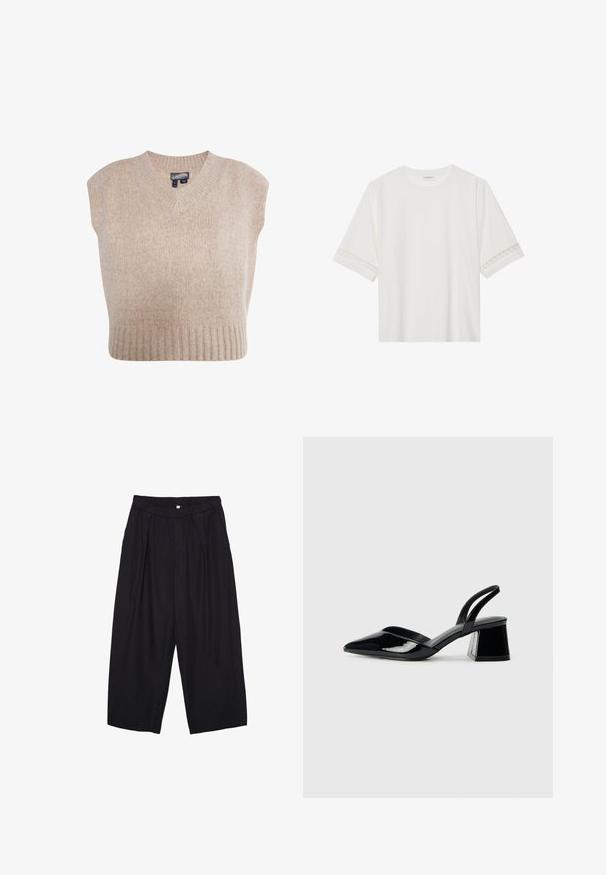 Beige strikket ærmeløs sweater med v-hals og ribbede kanter. Blød tekstur med et spottet mønster gennem hele.; Hvid kortærmet t-shirt lavet af bomuld, med dekorativ blondekant langs ærmerne og en rund halsudskæring.; Sorte polyester culotte bukser med elastisk talje, to forpiber og en løs silhuet. Ingen synlige mønstre eller hardware detaljer.; Sorte patentlæder slingback hæle med spids tå og en geometrisk blok hæl. Har et elegant, minimalistisk design og en glat tekstur.