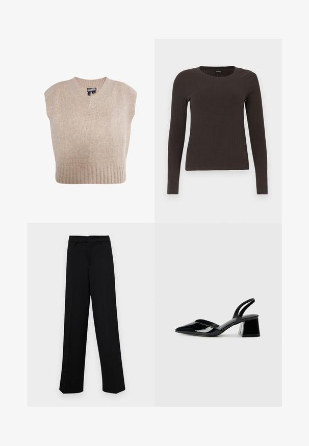 Gaiši brūns adīts bez piedurknēm džemperis ar V-veida kakla izgriezumu un ribotu apakšmalu. Mīksta tekstūra ar pleķainu rakstu visā virsmā.; Brūns, garām piedurknēm ribots tops ar apaļu kakla izgriezumu. Izgatavots no gludas, elastīgas materiāla, ar pieguļošu siluetu un minimālu apdari.; Melnas platajās bikses, kas izgatavotas no gludas auduma, ar klasisku jostu un pogu aizdari, kā arī priekšējām kroku detalizācijām.; Melna lakota āda ar atvērto papēdi, ar smailu purngalu un ģeometrisku blokpapēdi. Iezīmējas elegants, minimāls dizains un gluda tekstūra.