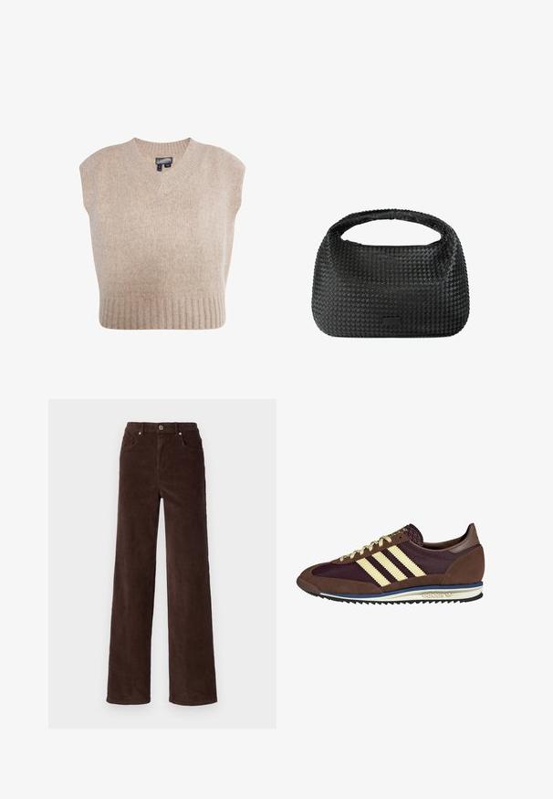 Beige kötött ujjatlan pulóver V-nyakkal és bordázott szegéllyel. Puha textúra, amit foltos minta díszít.; Vero Moda VMTESSA WIDE PANTS - Nadrágok - chocolate torte; Barna és bordó sneaker velúr és hálós anyagból, három krémcsíkkal, texturált anyaggal a nyelvén és gumitalppal.; Fekete szőtt kézitáska kerek formával, texturált felülettel és egyetlen felső fogantyúval. Letisztult, minimalista kialakítással rendelkezik, amelyen nincsenek látható hardverelemek.